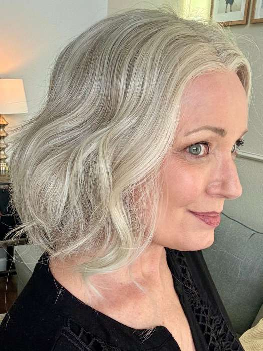 Mel B. @mels.be.ageless wearing SPADE by BelleTress in shade OYSTER | A blend of Light Grey, Silver, White and with a Dark Gray Mix on the nape