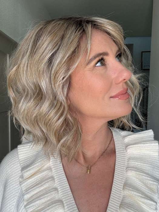 Jenny B. @thewiggygirl wearing CONQUER THE WAVES by GABOR in shade SS BISCUIT 19-23 | Light Ash Blonde Evenly Blended with Cool Platinum Blonde with Dark Roots