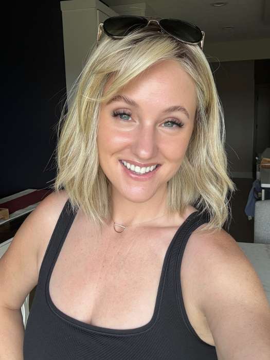 Carly N. @carlynwilson84 wearing HOLLIE by JON RENAU in color 22F16S8 VENICE BLONDE | Light Ash Blonde and Light Natural Blonde Blend Shaded with Medium Brown