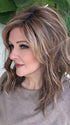 Marcie @wig.obsessed wearing BEACH WAVE MAGIC by TRESSALLURE in color 17/23/R8 | Beige Blonde and Auburn Blended with Medium Brown Roots

