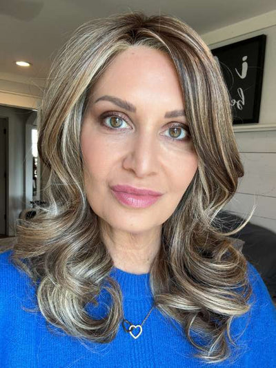 Emily H. @she_sheds_more wearing CAROLINE by BELLETRESS in color SUNKISSED ALMOND R | A blend of Medium and Light Brown with Light Gold Blonde Highlights and a hint of Cooler Blonde, rooted with Medium and Light Brown
