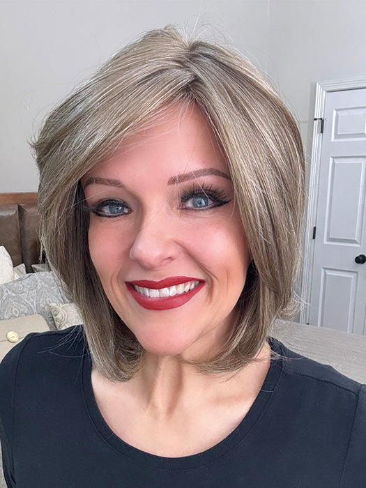 Marcie Mertz @wig.obsessed wearing UPSTAGE by RAQUEL WELCH in color R38 SMOKED WALNUT | Light Brown with 80% Gray on Top Gradually Fading to a Evenly Blended of Light Brown and Gray Towards the Nape