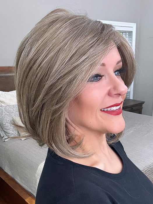 Marcie Mertz @wig.obsessed wearing UPSTAGE by RAQUEL WELCH in color R38 SMOKED WALNUT | Light Brown with 80% Gray on Top Gradually Fading to a Evenly Blended of Light Brown and Gray Towards the Nape