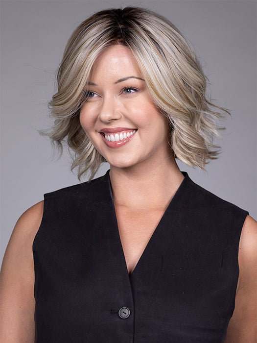 Model is wearing VICTORIA by BELLETRESS in color BUTTERBEER R | Dark Brown Base and Root that transitions smoothly into a buttery blonde, infused with creamy honey and toffee tones