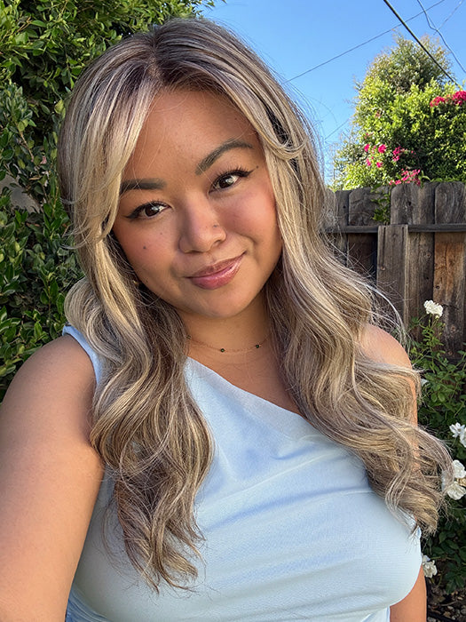 Katrina & Arlah Soriano @wearthehairsis is wearing WITHERSPOON by BELLE TRESS in color SPARKLING CHAMPAGNE R | Medium Ash Brown roots transition into Shimmering Champagne Blonde characterized by Pale Golden Hues with subtle Ivory and Platinum undertones reminiscent of a sparkling glass of bubbly