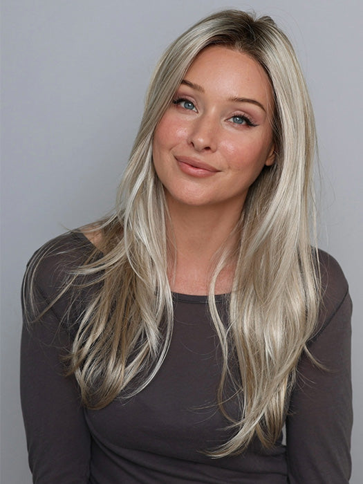 Heather @cjswigs wearing ZARA LITE by JON RENAU in color FS17/101S18 PALM SPRINGS BLONDE | Light Ash Blonde with Pure White Natural Violet Bold Highlights, Shaded with Dark Natural Ash Blonde