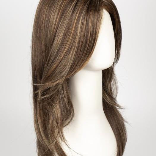 ALMOND ROCKA R | Rooted Dark Golden Brown base color with Strawberry Blonde and Bright Cooper evenly blended highlights