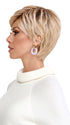 Model is wearing BRUSHED PIXIE by TRESSALLURE in color 24/102/R12 | Gold Blonde with Platinum highlights with Gold Brown roots