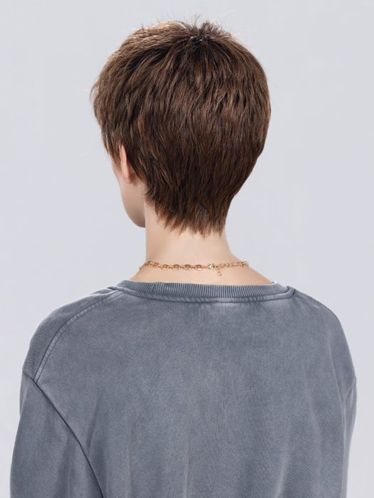 Model wearing CHAT by Ellen Wille in CHOCOLATE ROOTED 830.27 | Medium Brown, Light Auburn, Dark Strawberry Blonde, and Dark Auburn Blend with Shaded Roots