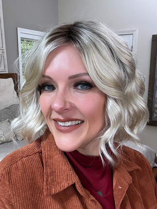 Marcie Mertz @wig.obsessed wearing HAVEN by ESTETICA in color SUNLIT-BLONDE | Soft Blend of Sandy Blonde, Lightest Blonde and Iced Blonde with a Light Golden Brown Root