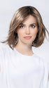 Model is wearing ICONE SMALL DELUXE by ELLEN WILLE in DARK SAND ROOTED | Lightest Brown and Light Strawberry Blonde and Light Neutral Blonde Blend with Shaded Roots