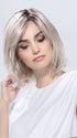 Model is wearing ICONE SMALL DELUXE by ELLEN WILLE in  SILVER BLONDE ROOTED | Pearl White and Lightest Pale Blonde Blend with Shaded Roots