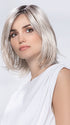 Model is wearing ICONE SMALL DELUXE by ELLEN WILLE in  SILVER BLONDE ROOTED | Pearl White and Lightest Pale Blonde Blend with Shaded Roots
