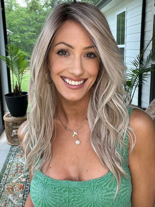 Jenna Fail @jenna_fail wearing Milano by BelleTress in color MILKSHAKE BLONDE R | A mixture of Light Sandy Brown, Highlighted with Light Ash Blonde with a Hint of Light Platinum Blonde with a Medium Root Color