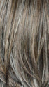 RUFFLE-RIBBON-R | Off-Black base with Warm Medium Brown and Silver highlights. The Dark Brown Root creates a naturally dimensional appearance