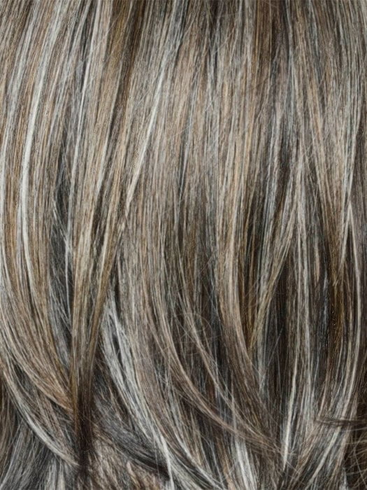 RUFFLE-RIBBON-R | Off-Black base with Warm Medium Brown and Silver highlights. The Dark Brown Root creates a naturally dimensional appearance
