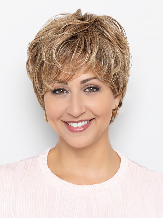 Model is wearing MISTY by HENRY MARGU in color 8/27/26GR | Medium Brown with Strawberry and Golden Blonde Highlights, Shaded with Medium Dark Brown Roots