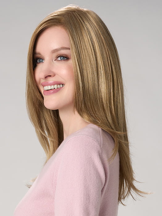 Model is wearing BELINDA HAND TIED by ENVY in color DARK BLONDE | 2 toned blend of Dark Honey Blonde with Lighter Blonde highlights