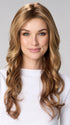 Model is wearing BRIANNA HAND TIED by ENVY in color GOLDEN NUTMEG | Medium Brown roots with overall Warm Cinnamon base and Golden Blonde Highlights