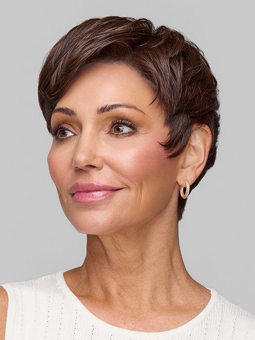Model is wearing CELINE by JON RENAU in color 8/32 COCOA BEAN | Medium Brown & Medium Natural Red Blend 
