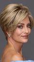 Model is wearing DEMI by JON RENAU in color 12FS8 SHADED PRALINE | Medium Natural Gold Blonde, Light Gold Blonde, Pale Natural Blonde Blend, Shaded with Dark Brown