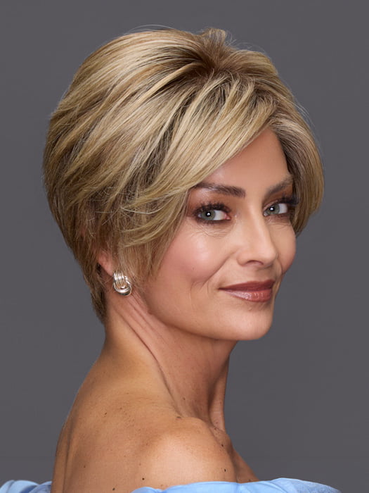 Model is wearing DEMI by JON RENAU in color 12FS8 SHADED PRALINE | Medium Natural Gold Blonde, Light Gold Blonde, Pale Natural Blonde Blend, Shaded with Dark Brown