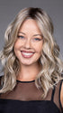 Model is wearing EVERDEEN by BELLETRESS in color BUTTERBEER R | Dark Brown Base and Root that transitions smoothly into a buttery blonde, infused with creamy honey and toffee tones