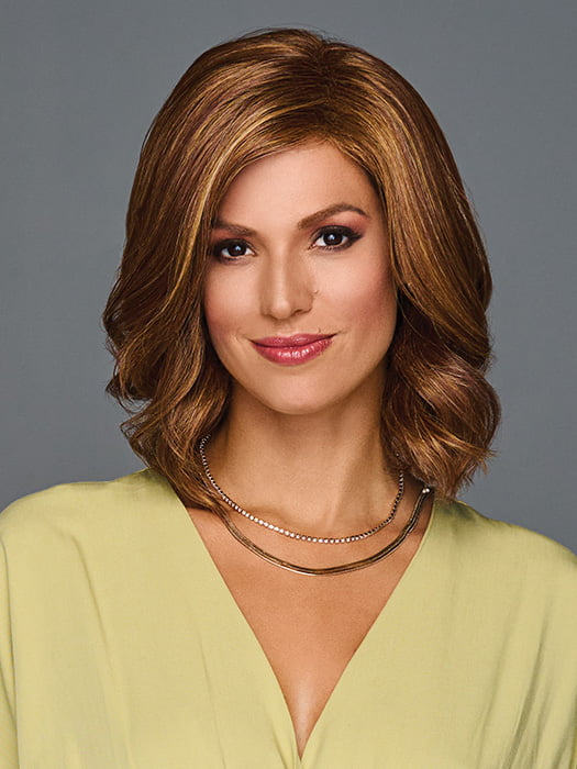 Model is wearing STUNNING VIEW by GABOR in color MEDIUM-RED | Medium Reddish Brown with Subtle Copper Highlights