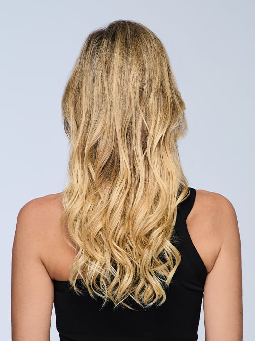 Model is wearing 18" VOLUME EXTENSION by HAIRDO in color SS14/88H SHADED GOLDEN WHEAT | Dark Blonde Evenly Blended with Pale Blonde Highlights and Dark Roots