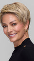 Model is wearing IRIS by JON RENAU in color 12FS12 MALIBU BLONDE | Light Gold Brown, Light Natural Gold Blonde, Pale Natural Gold-Blonde Blend, Shaded with Light Gold Brown