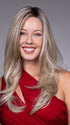 Model is wearing KARINA by BELLETRESS in color BUTTERBEER R | Dark Brown Base and Root that transitions smoothly into a buttery blonde, infused with creamy honey and toffee tones