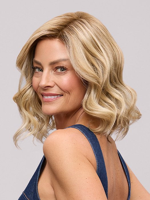 Model is wearing LACY LITE by JON RENAU in color 12FS12 MALIBU BLONDE | Light Gold Brown, Light Natural Gold Blonde, Pale Natural Gold-Blonde Blend, Shaded with Light Gold Brown