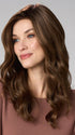 Model is wearing MAYA HAND TIED by ENVY in color MACCHIATO | A blend of Chestnut Brown and Soft Dark Blonde with Dark Brown Roots