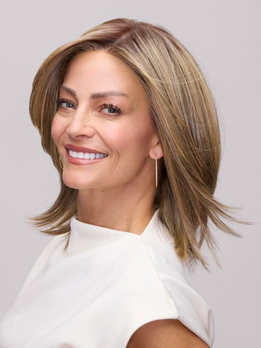 Model is wearing SLOANE by JON RENAU in color 24BT18S8 SHADED MOCHA | Medium Natural Ash Blonde & Light Natural Gold Blonde Blend, Shaded with Medium Brown