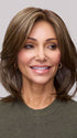 Model is wearing SLOANE by JON RENAU in color 8RH14 MOUSSE CAKE | Medium Brown with 33% Medium Natural Blonde Highlights