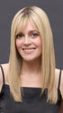 Model is wearing EASITOP LITE PETITE 14 IN by JON RENAU in color 101/88/27S8 CATALINA BLONDE | Pale blonde with Pure White Natural Violet halo highlights, shaded medium brown