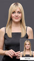 Model is wearing EASITOP LITE PETITE 14 IN by JON RENAU in color 101/88/27S8 CATALINA BLONDE | Pale blonde with Pure White Natural Violet halo highlights, shaded medium brown