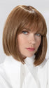 Model is wearing MISS COMFORT by ELLEN WILLE in color ALMOND BROWN ROOTED 830.9 | Medium Brown, Light Auburn and Medium Warm Brown Blend with Shaded Roots