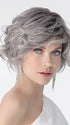 Model is wearing ROMANCE DELUXE by ELLEN WILLE in color METALLIC GREY ROOTED 60.51 | Pearl White, Darkest/Lightest Brown with Grey Blend with Shaded Roots