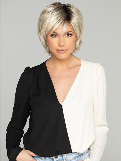 ELLEN by WigPro in 22-1001-R8 | Ash Blonde base blended with Platinum Blonde Highlights and Chestnut Brown Roots PPC MAIN IMAGE FB MAIN IMAGE