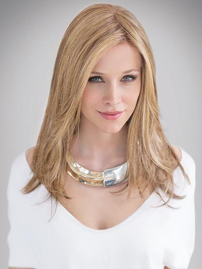 SANDY-BLONDE-ROOTED | Medium Honey Blonde, Light Ash Blonde, and Lightest Reddish Brown blend with Dark Roots
