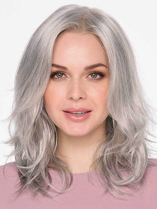 Model is wearing AMANDA by ENVY in MEDIUM GREY | Salt and Pepper Grey 50% Medium Brown 50% Grey