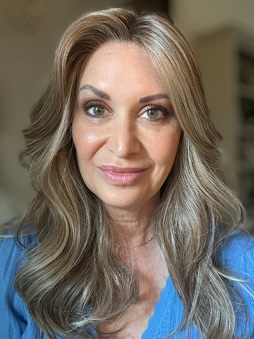 Emily H. @she_sheds_more wearing ROBERTS by BELLE TRESS in color BROWN SUGAR BLONDE-R | A warm, dimensional blend of medium brown and golden blonde highlights with natural-looking darker roots for depth and a sun-kissed finish.