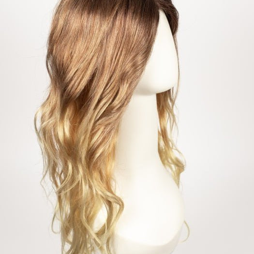 MELTED-SUNSET | Medium Brown Roots that Melt into a Peachy Light Brown Blend layered on top of Apricot Blonde and Intense Gold Blonde at Nape