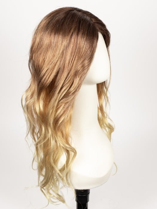 MELTED-SUNSET | Medium Brown Roots that Melt into a Peachy Light Brown Blend layered on top of Apricot Blonde and Intense Gold Blonde at Nape