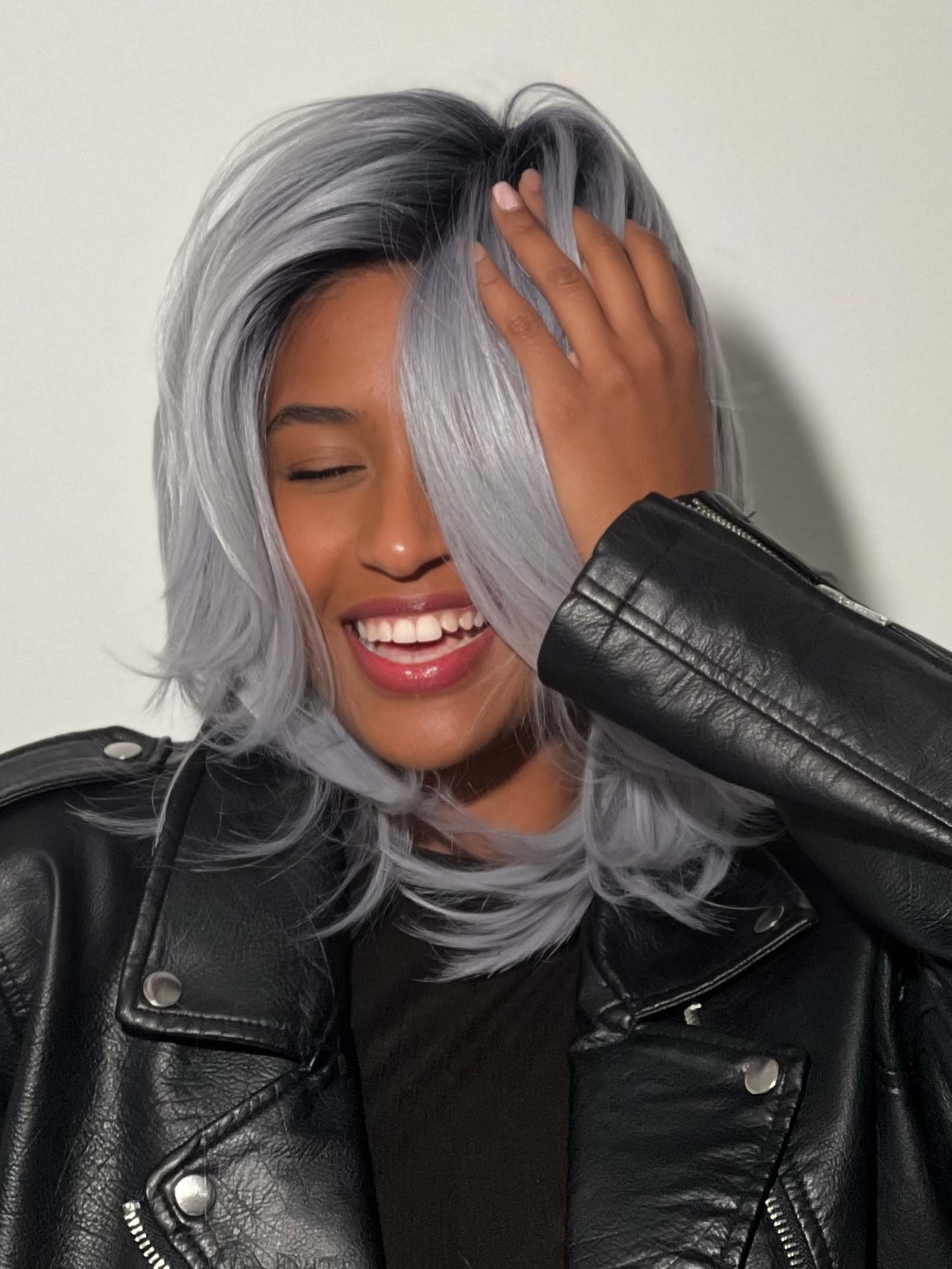 Sophia is wearing the LUXE SLEEK by Rene of Paris in FROZEN-SAPPHIRE | Icy Blue Base with Indigo Black Roots