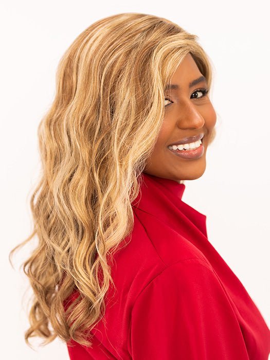 Sophia wearing color 14/26 NEW YORK CHEESECAKE | Medium Natural-Ash Blonde & Medium Red-Gold Blonde Blend