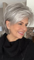 Donna @style.me.ageless wearing SKY by NORIKO in color SILVER STONE | Silver Medium Brown blend that transitions to more Silver then Medium Brown then to Silver Bangs