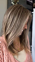 Kristin wearing SLEEK by ELLEN WILLE in color POWDER BLONDE TIPPED | Light Brown and Lightest Ash Blonde with Red Violet Blended with Pale Pink and Lighter Tipped Ends