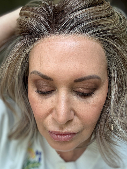 Emily H. @she_sheds_more wearing VICTORIA by BELLE TRESS in color BROWN-SUGAR-COOKIE-R | The Roots are a Rich Brown Tone that seamlessly transitions into a Warm Golden Brown